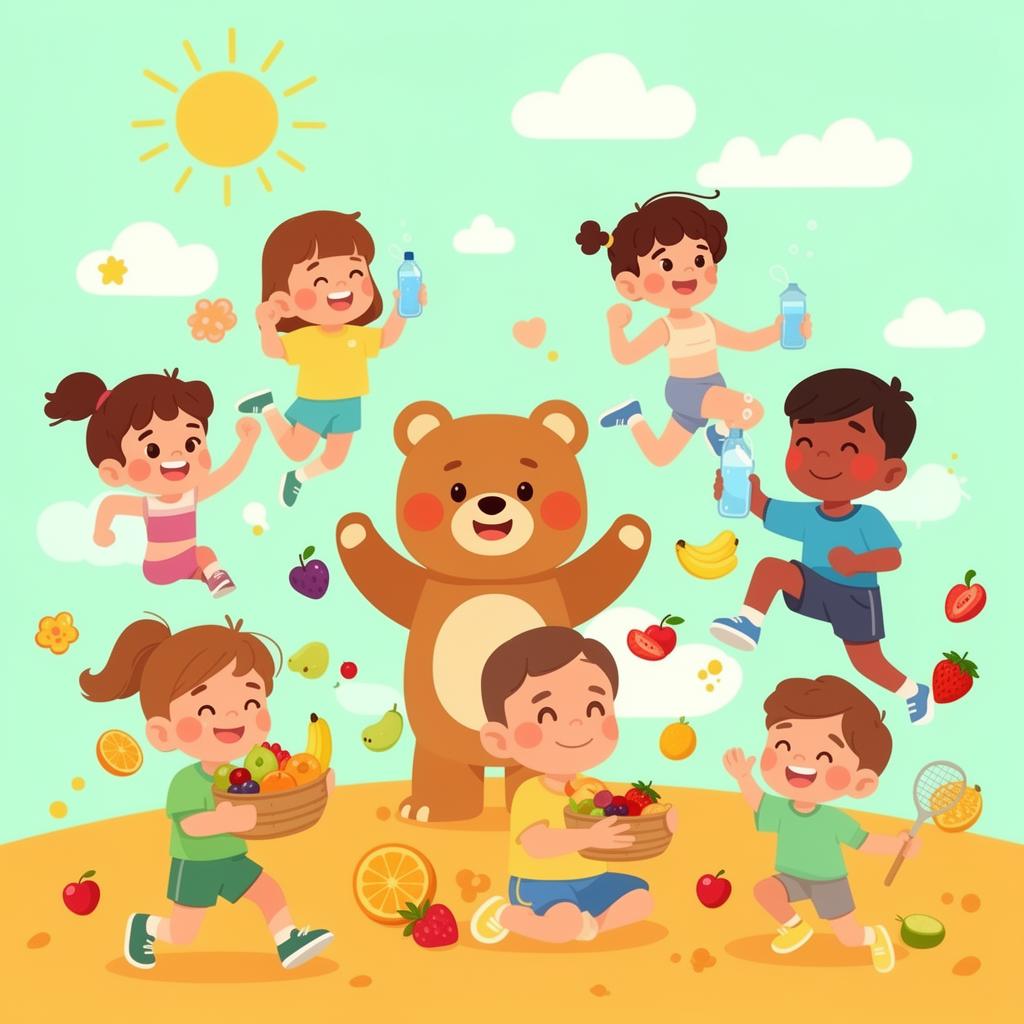 Children playing and eating healthy